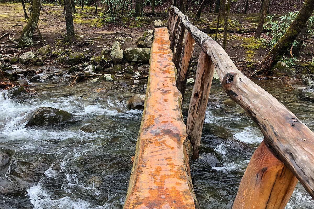 Mountain stream with a bridge